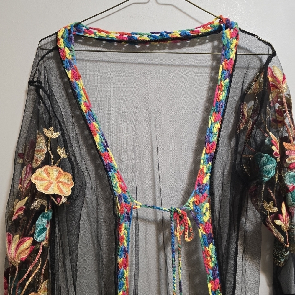 Mesh Floral Embroidered Long Sleeves Sheer Kimono - Picture 8 of 12